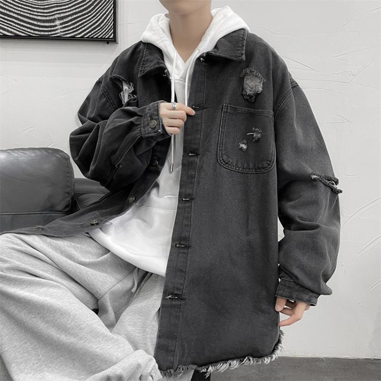 牛仔長袖襯衫男春秋季潮牌正韓帥氣ins香港寬松破洞休閒牛仔外套-細節圖4