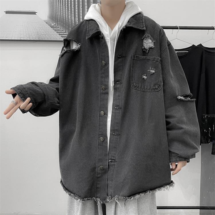 牛仔長袖襯衫男春秋季潮牌正韓帥氣ins香港寬松破洞休閒牛仔外套-細節圖5