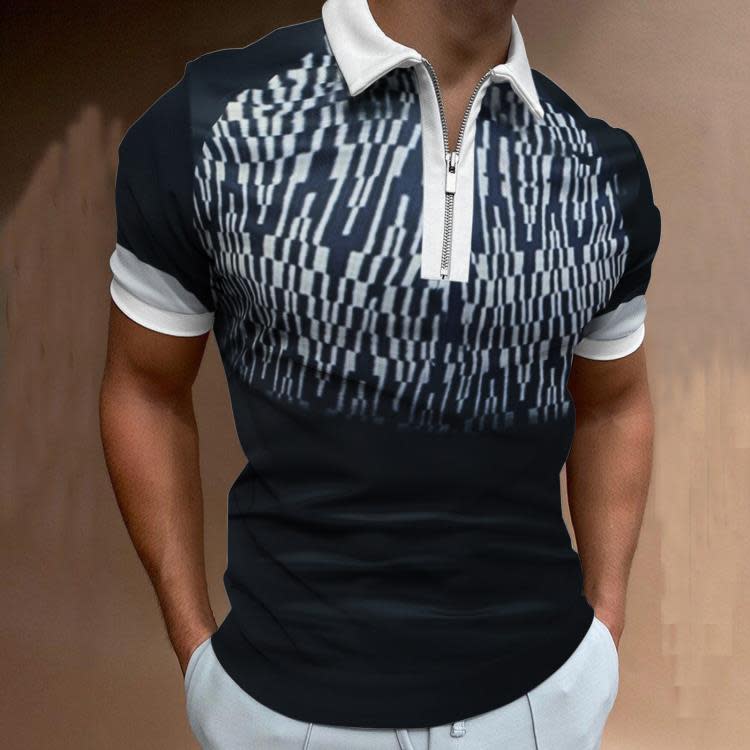 新款歐美男士休閒個性時尚翻領短袖polo衫3D不規則印花T恤男-細節圖2