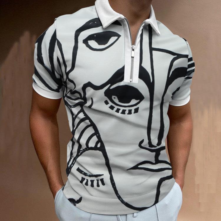 新款歐美男士休閒個性時尚翻領短袖polo衫3D不規則印花T恤男-細節圖4