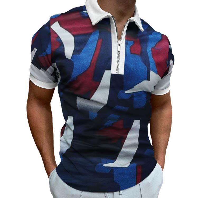 新款歐美男士休閒個性時尚翻領短袖polo衫3D不規則印花T恤男-細節圖5