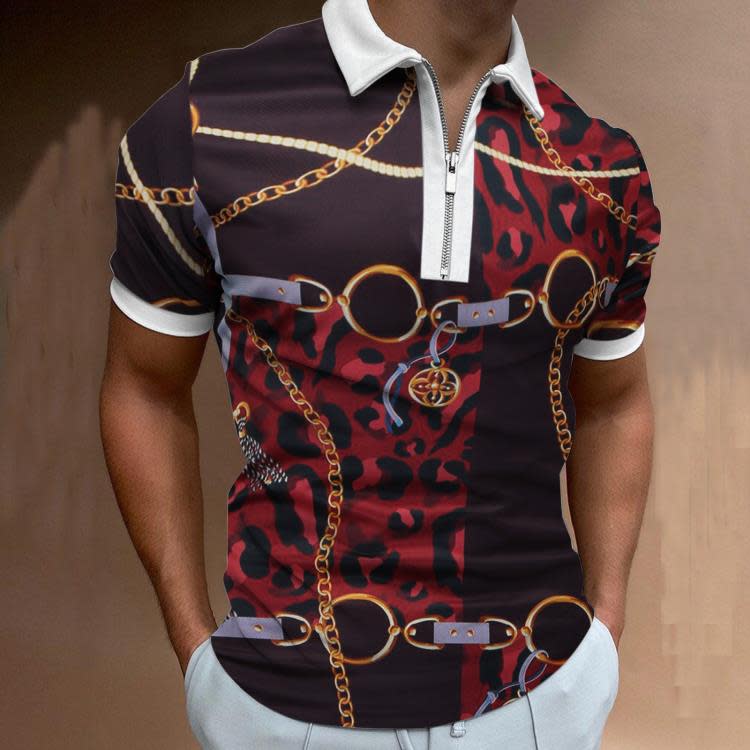 新款歐美男士休閒個性時尚翻領短袖polo衫3D不規則印花T恤男-細節圖7