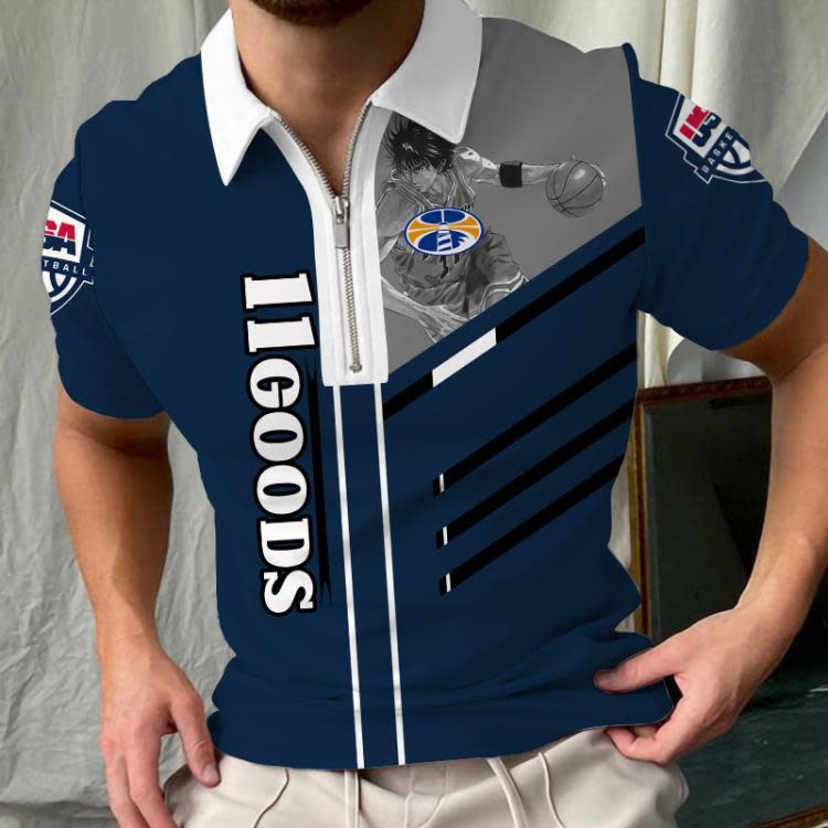 短袖T恤 3D印花拉鍊polo衫 橄欖球隊3D數碼印花寬松歐碼翻領-細節圖5