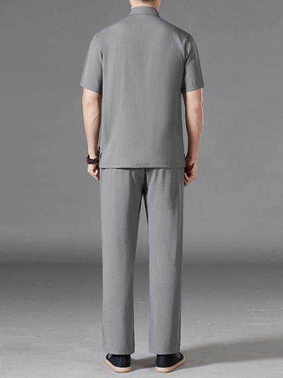 長褲 夏季中年男士中山裝民族服飾二件套短袖休閒鍛煉老人唐裝-細節圖2