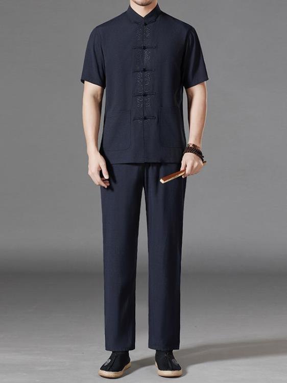 長褲 夏季中年男士中山裝民族服飾二件套短袖休閒鍛煉老人唐裝-細節圖3