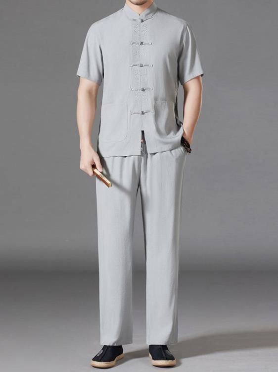 長褲 夏季中年男士中山裝民族服飾二件套短袖休閒鍛煉老人唐裝-細節圖4