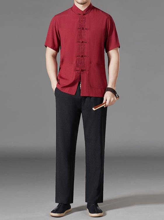 長褲 夏季中年男士中山裝民族服飾二件套短袖休閒鍛煉老人唐裝-細節圖5