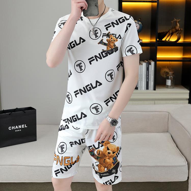 夏季冰絲套裝男正韓修身潮流格子短袖T恤短褲薄款運動休閒二件套-細節圖2