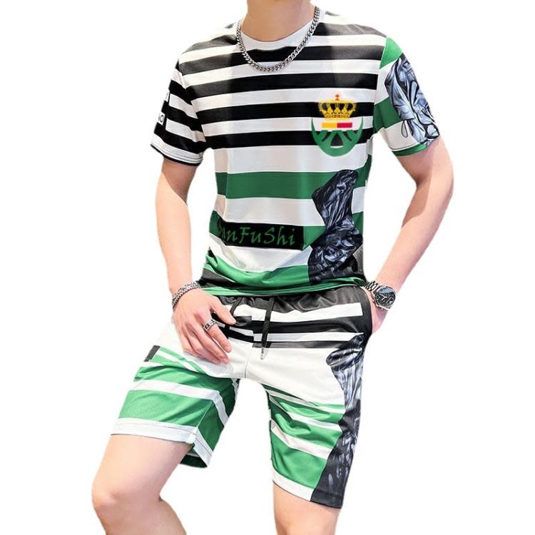 夏季冰絲套裝男正韓修身潮流格子短袖T恤短褲薄款運動休閒二件套-細節圖5