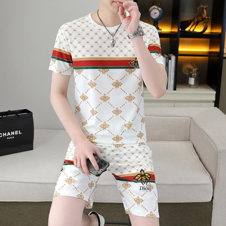 夏季冰絲套裝男正韓修身潮流格子短袖T恤短褲薄款運動休閒二件套-細節圖6