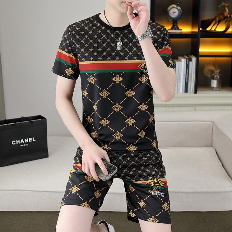 夏季冰絲套裝男正韓修身潮流格子短袖T恤短褲薄款運動休閒二件套-細節圖7