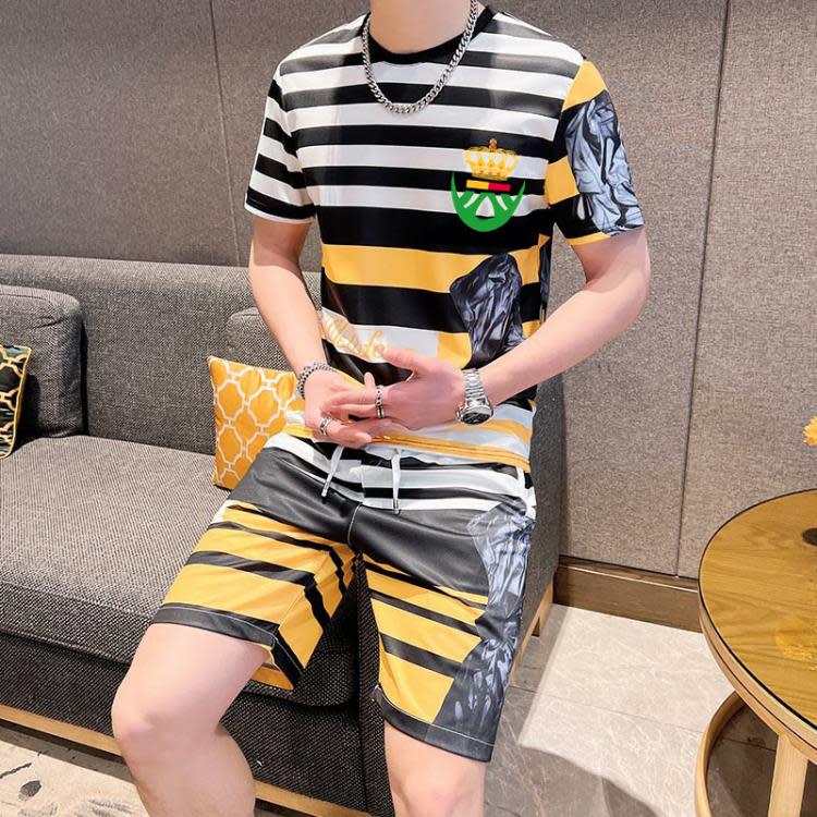 夏季冰絲套裝男正韓修身潮流格子短袖T恤短褲薄款運動休閒二件套-細節圖8