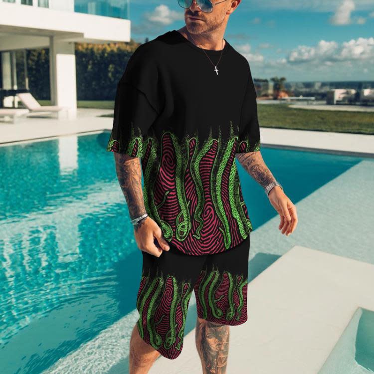 短袖T恤 2023夏季魚腳數碼印花套裝休閒運動袖短褲二件套-細節圖7