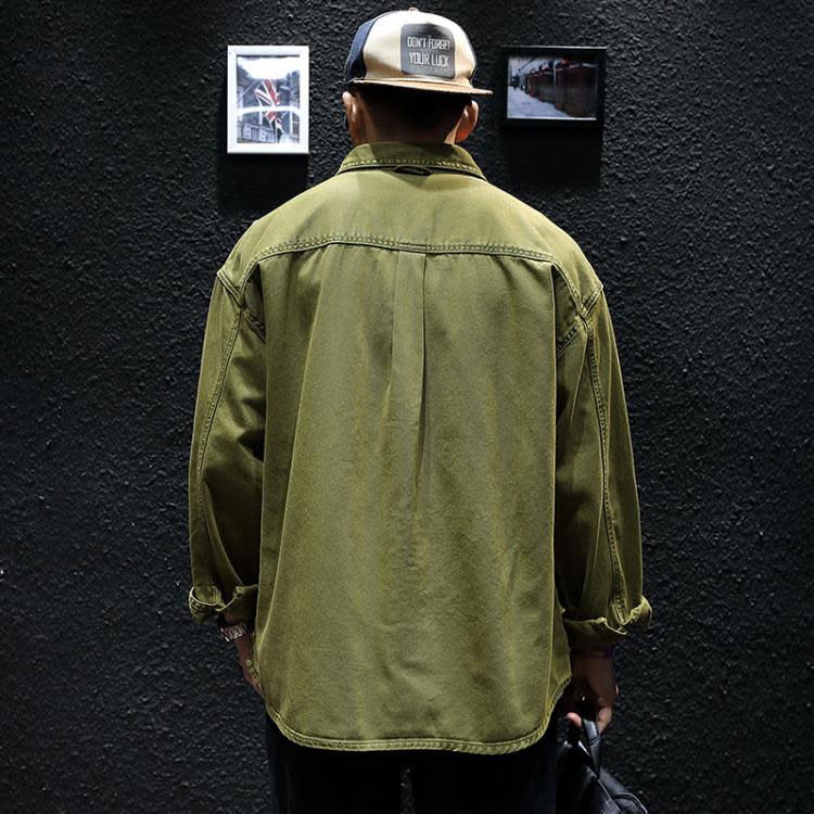 襯衫 軍綠色長袖工裝外套男春季寬松潮牌大碼夾克春秋男生休閒上衣-細節圖2