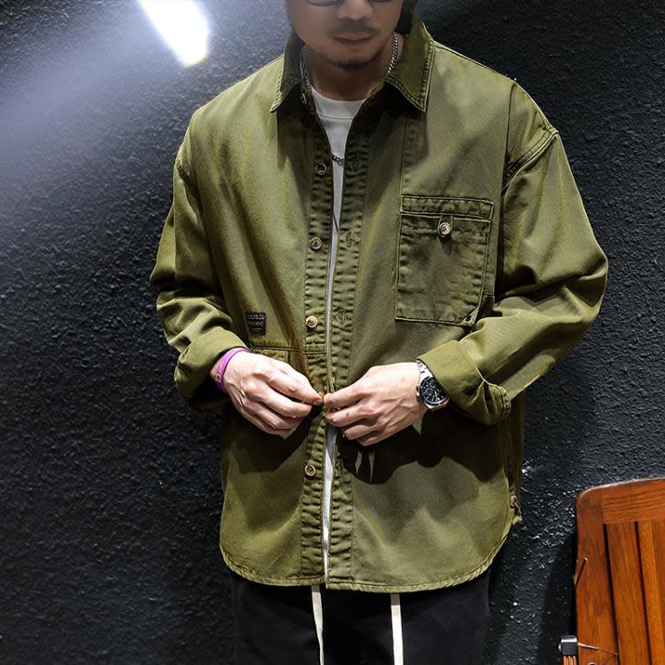 襯衫 軍綠色長袖工裝外套男春季寬松潮牌大碼夾克春秋男生休閒上衣-細節圖3