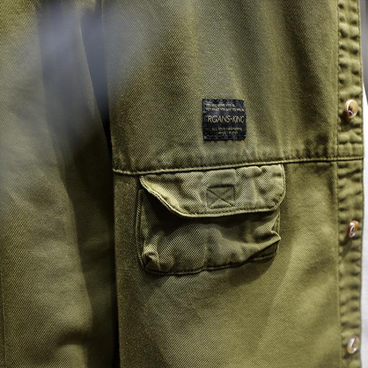 襯衫 軍綠色長袖工裝外套男春季寬松潮牌大碼夾克春秋男生休閒上衣-細節圖4