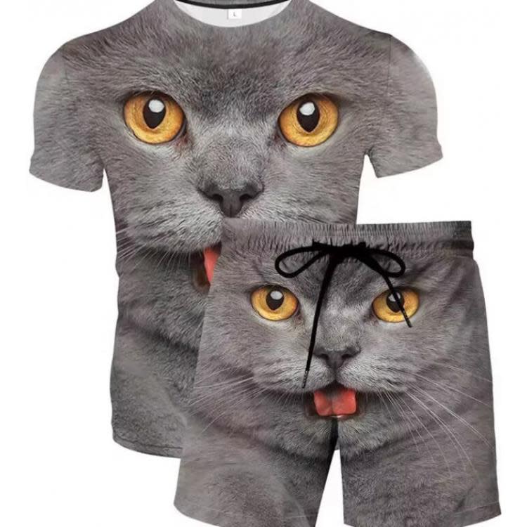 2023歐美夏季新款男士套裝 幾何圖形3d印花 休閒T恤加沙灘褲-細節圖8