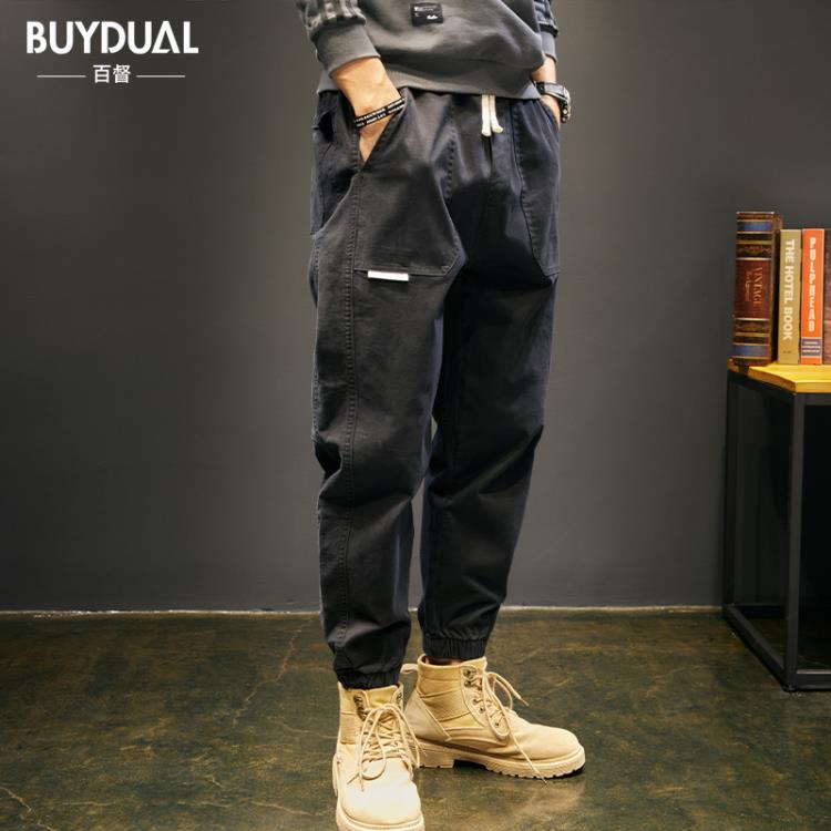 長褲 春季休閒褲男寬松大碼束腳工裝褲錐形小腳彈力哈倫子男春秋款-細節圖2