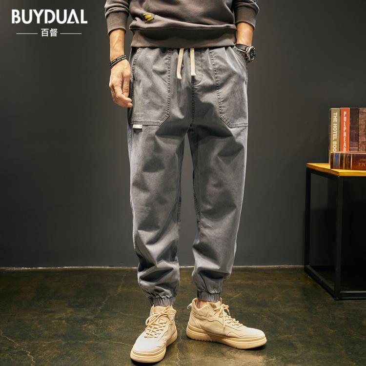 長褲 春季休閒褲男寬松大碼束腳工裝褲錐形小腳彈力哈倫子男春秋款-細節圖4