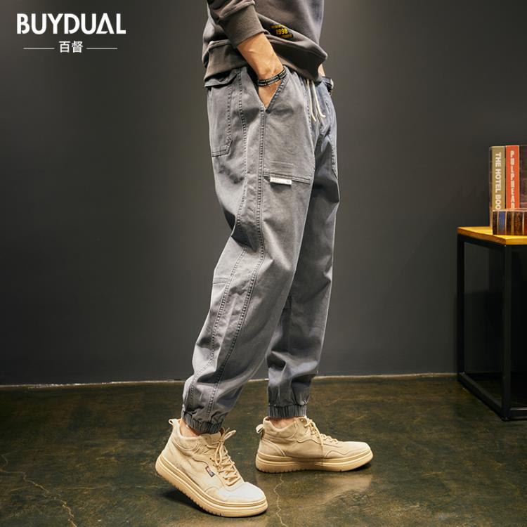 長褲 春季休閒褲男寬松大碼束腳工裝褲錐形小腳彈力哈倫子男春秋款-細節圖5