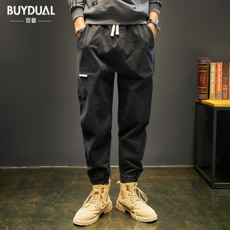 長褲 春季休閒褲男寬松大碼束腳工裝褲錐形小腳彈力哈倫子男春秋款-細節圖6