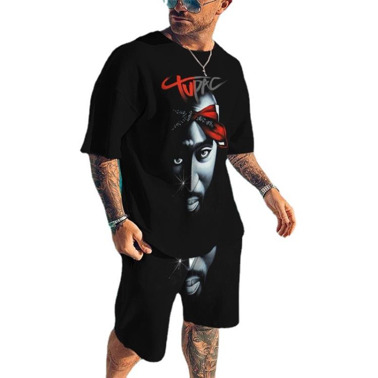 短褲 歐碼男士休閒寬松短袖套裝夏威夷海邊3d數碼印花沙灘短袖-細節圖5