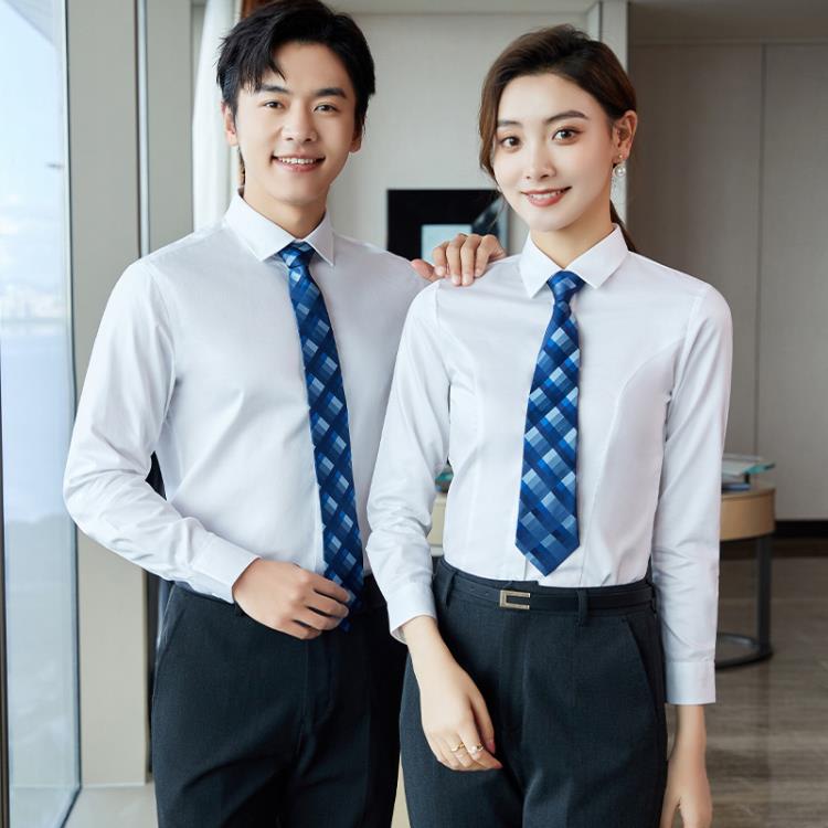 成衣免燙純棉高檔長袖襯衫白色方領商務正裝藍色工作服修身襯衣女-細節圖4