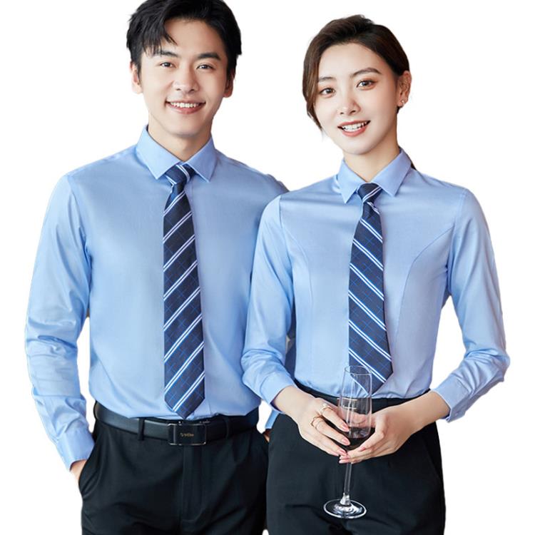 成衣免燙純棉高檔長袖襯衫白色方領商務正裝藍色工作服修身襯衣女-細節圖5