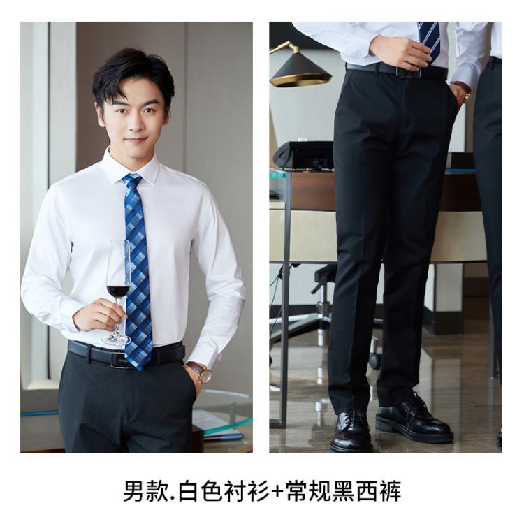 成衣免燙純棉高檔長袖襯衫白色方領商務正裝藍色工作服修身襯衣女-細節圖9