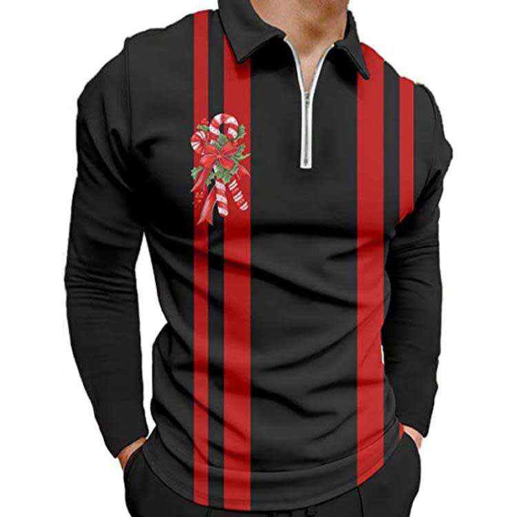 2023 圣誕節新款 印花翻領長袖高爾夫Polo衫秋季男士休閒男裝-細節圖2