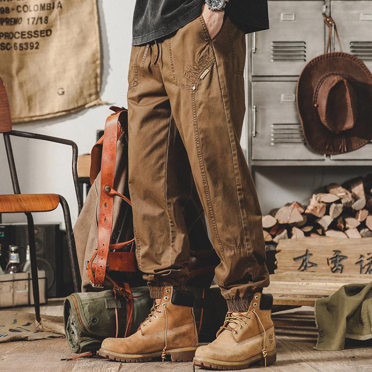 休閒褲 杰雷諾美式復古工裝褲男款潮牌束腳哈倫阿美咔嘰褲子男寬松褲-細節圖3