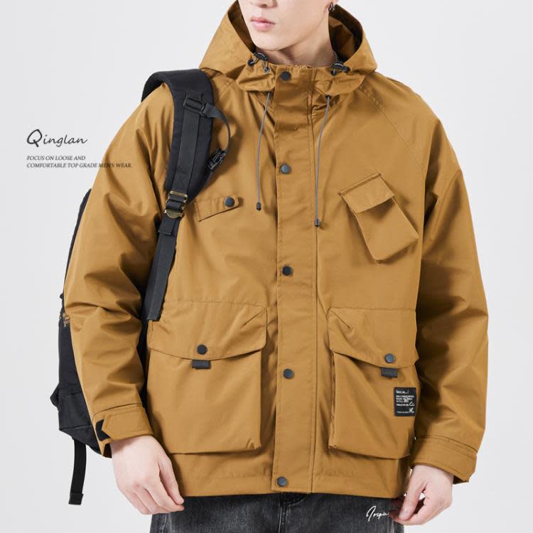 夾克 卡其色防風工裝連帽沖鋒衣外套男春秋款寬松男士潮流百搭潮牌-細節圖2