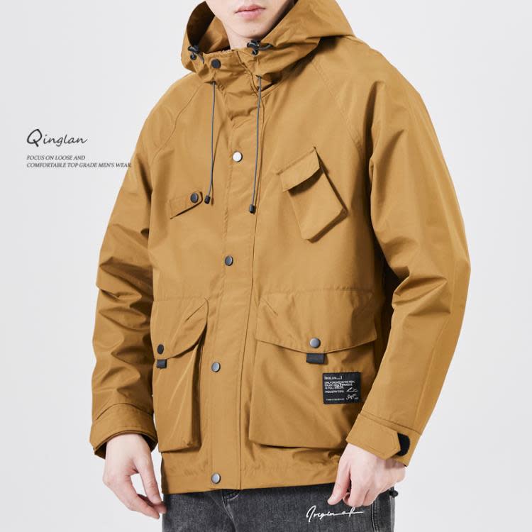 夾克 卡其色防風工裝連帽沖鋒衣外套男春秋款寬松男士潮流百搭潮牌-細節圖3