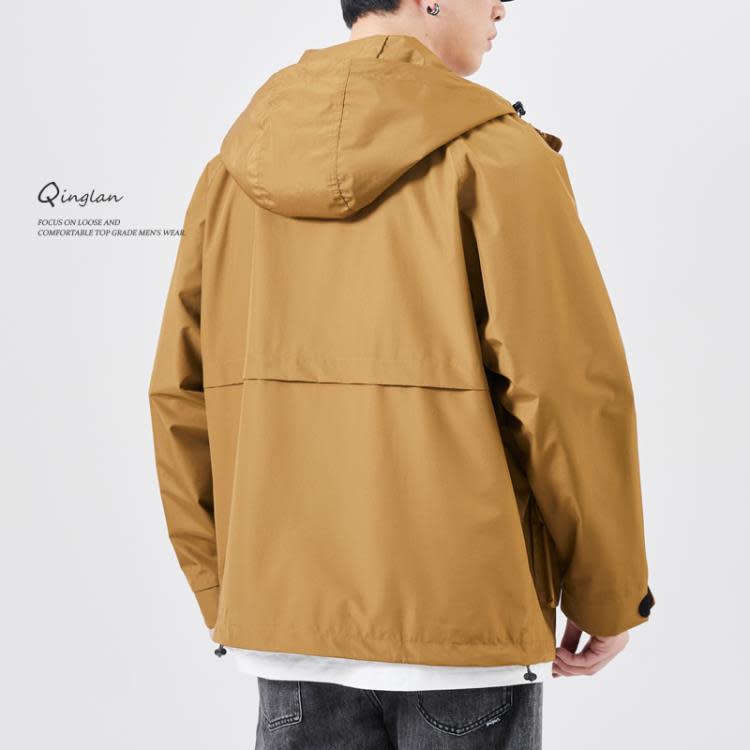 夾克 卡其色防風工裝連帽沖鋒衣外套男春秋款寬松男士潮流百搭潮牌-細節圖5