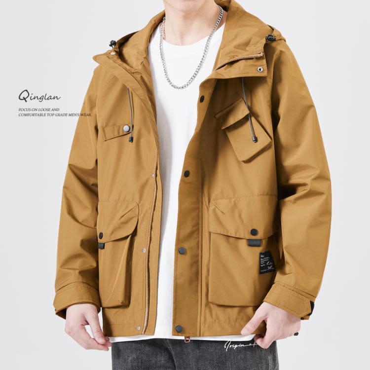 夾克 卡其色防風工裝連帽沖鋒衣外套男春秋款寬松男士潮流百搭潮牌-細節圖6