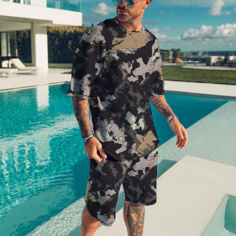 短袖T恤 夏季3D打印速干男士運動居家健身休閒短褲套裝-細節圖2