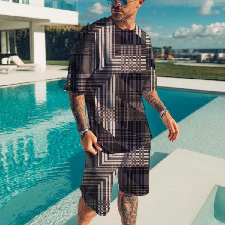 短袖T恤 夏季3D打印速干男士運動居家健身休閒短褲套裝-細節圖3