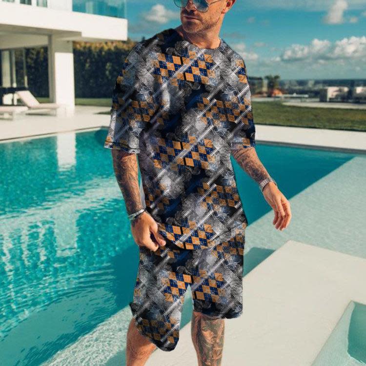 短袖T恤 夏季3D打印速干男士運動居家健身休閒短褲套裝-細節圖4