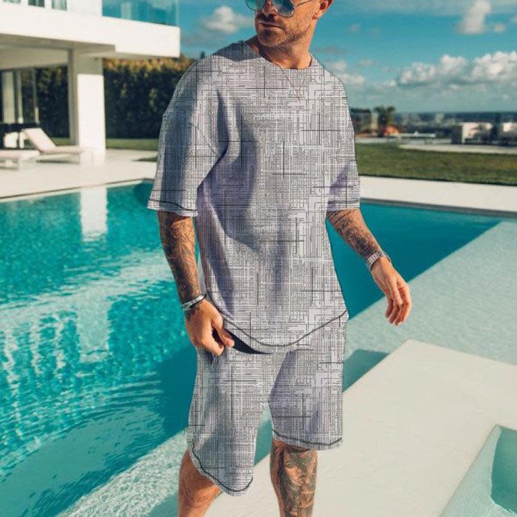 短袖T恤 夏季3D打印速干男士運動居家健身休閒短褲套裝-細節圖5