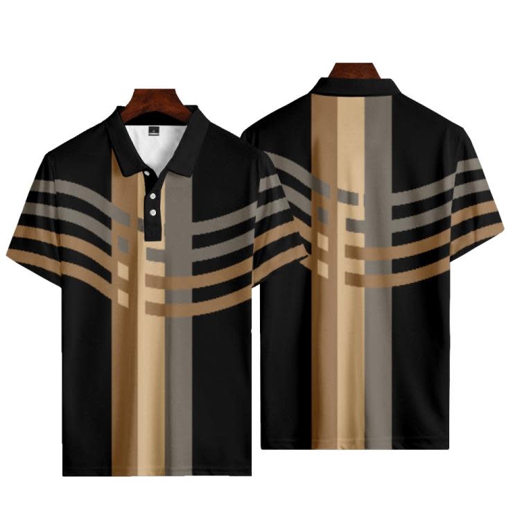 短袖polo衫 2023新款翻領工作服 條紋圖案3D印花 男士紐扣POLO衫-細節圖3