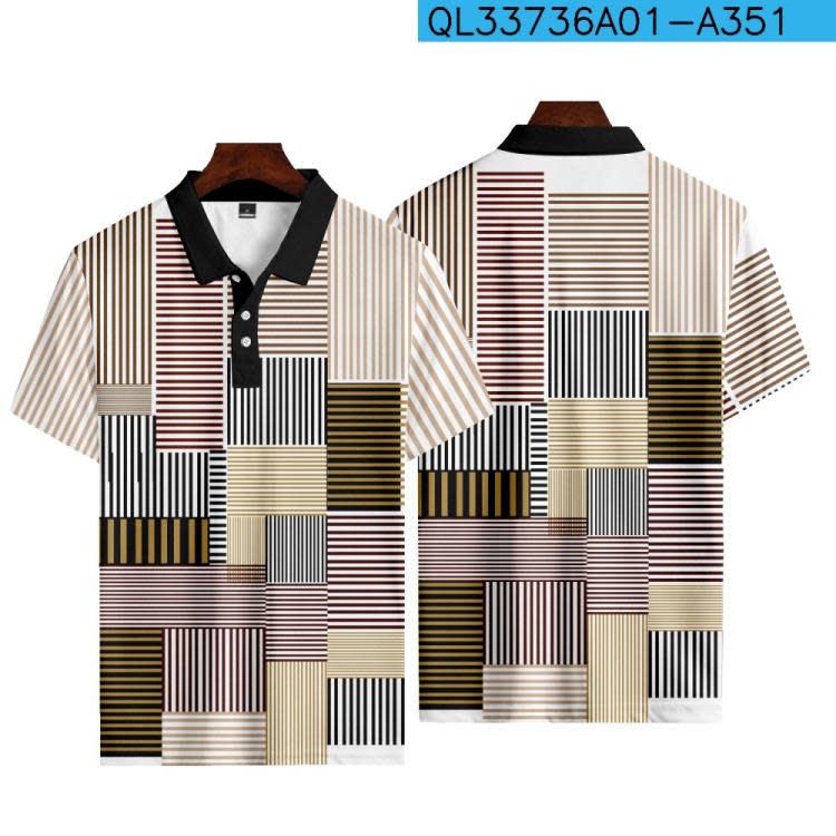 短袖polo衫 2023新款翻領工作服 條紋圖案3D印花 男士紐扣POLO衫-細節圖8
