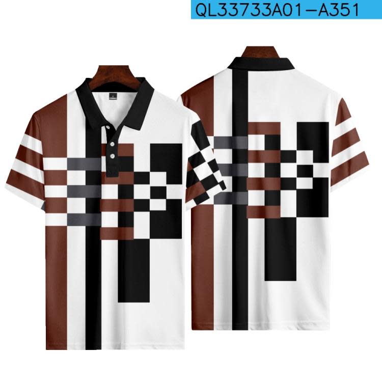 短袖polo衫 2023新款翻領工作服 條紋圖案3D印花 男士紐扣POLO衫-細節圖9