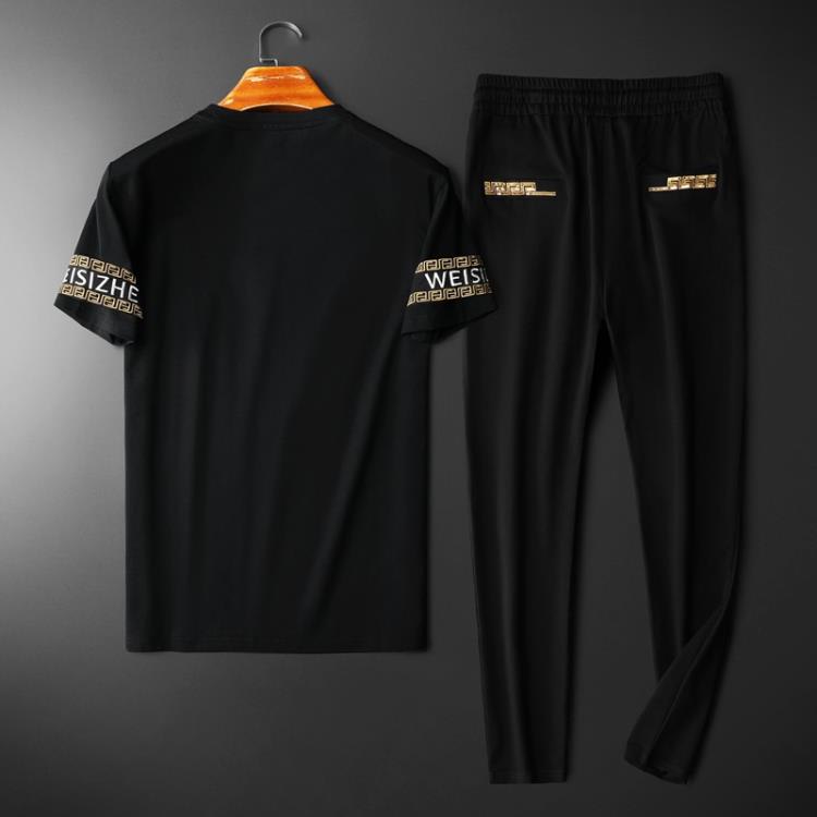 短袖T恤 歐洲站男套裝夏季正韓休閒運動薄款透氣絲光棉刺繡二件套-細節圖4
