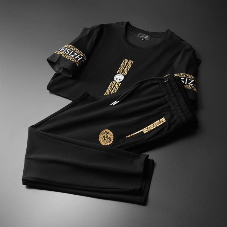 短袖T恤 歐洲站男套裝夏季正韓休閒運動薄款透氣絲光棉刺繡二件套-細節圖7