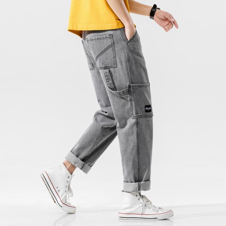 長褲 春夏新款褲子男正韓潮牌香港闊腿牛仔男寬松直筒口袋老爹褲子-細節圖6