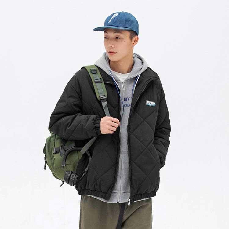 韓路日系男裝2023冬新款菱形格棉衣外套寬松百搭立領潮牌棉服男q-細節圖2