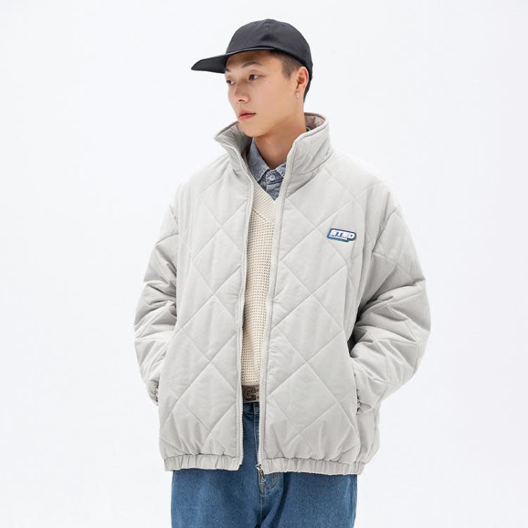 韓路日系男裝2023冬新款菱形格棉衣外套寬松百搭立領潮牌棉服男q-細節圖3