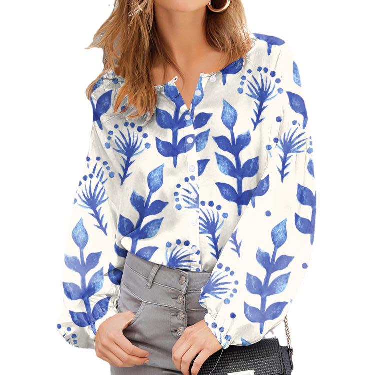 2023新品風景印花休閒寬松泡泡袖女式襯衫-細節圖5