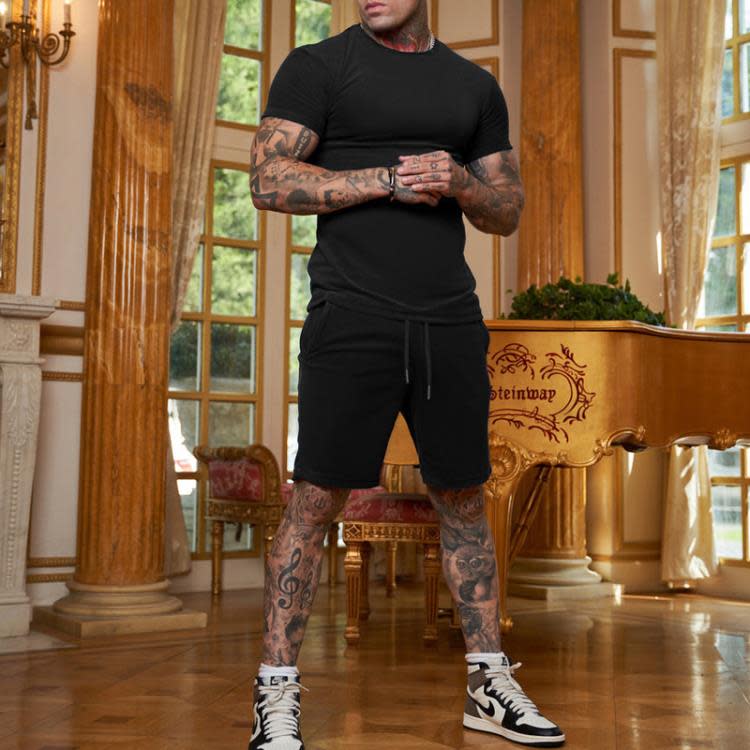 短袖T恤 2023男裝純色多色運動青少年套裝現貨夏季現貨髮-細節圖4