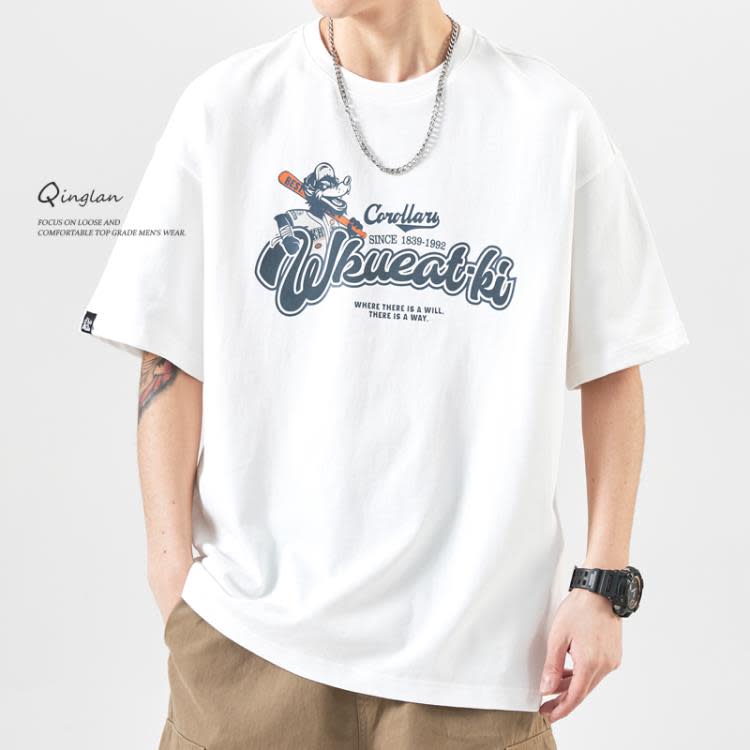 短袖T恤 夏季棉質圓領寬松白色男士t恤男日系休閒印花潮流潮牌美式短t-細節圖2